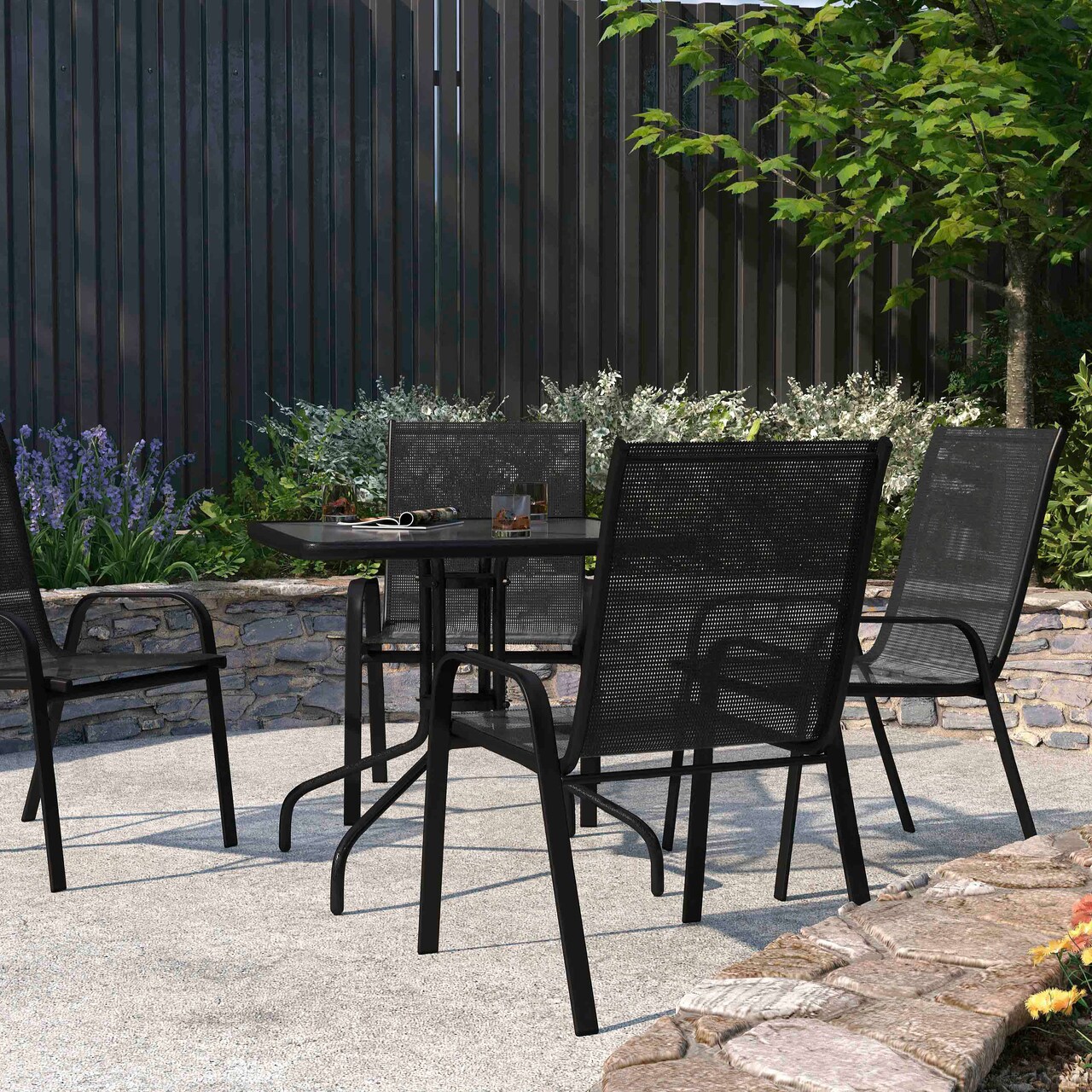Merrick Lane Set of 4 Manado Series Metal Stacking Patio Chairs with Flex Comfort Material